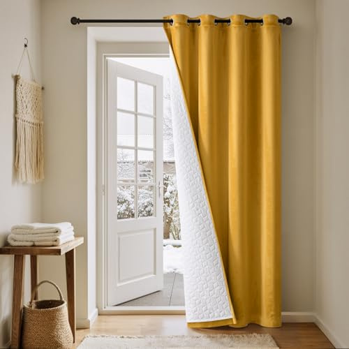 Cortinas Terciopelo con Forro Acolchado Térmico Ventanas, Cortinas Termicas Aislantes Frio y Calor de Doble Capa Dormitorio Salon Cortina Anti Luz, Amarillo Cortina Puerta Interior Anti Frio Invierno