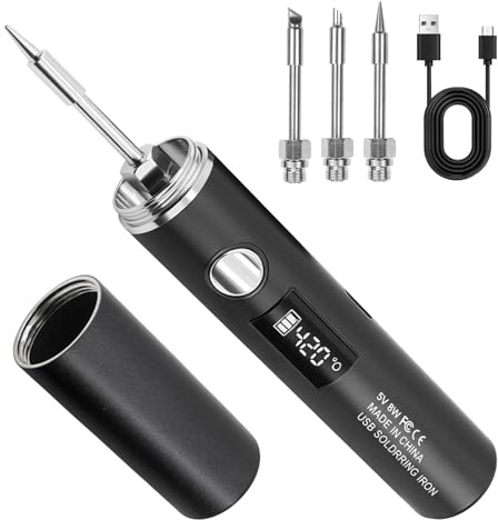 Akku Lötkolben Set, USB Lötkolben Set mit LCD-Display, 5 Temperatur Einstellbare 260 ℃-420 ℃, 3 Lötspitzen, Wiederaufladbar Lötkolbenständer, Lötdraht, Professionelles Sicheres Komplettes