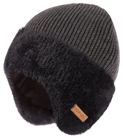 TOP-EX Herren mütze Merino Wollmütze Damen Beanie mit Ohrenklappen Wintermütze Warm Strickmütze mit Fleecefutter hat Wasserdicht Winddicht Wolle hat Fahrrad Ski Outdoor große Köpfe M/L Grau