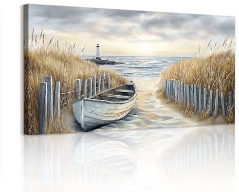 WENGTIAO Küsten Strand Große Leinwand Bilder Kunstdrucke Gerahmt | Boot Leuchtturm Küstenlandschaft Gemälde auf Leinwand für Modern Wohnzimmer Schlafzimmer Büro Wanddeko 100x50 cm