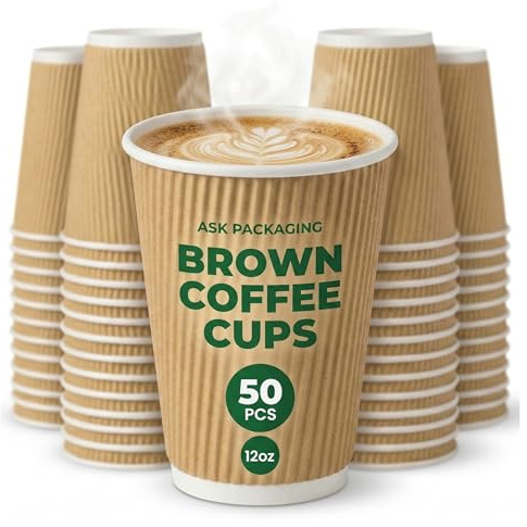 50 x 12oz Kraft Ripple Wall Coffee Cups – Triple Wall Insulated Disposable Paper Cups for Hot Drinks – Leak-Proof Takeaway Cup for Tea, Coffee – Strong Recyclable Kraft Cups for Cafés, Offices