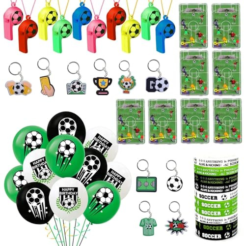 Touosy 58 Stück Fussball Mitgebsel Jungen Mitgebsel Kindergeburtstag 10 Jahre Schlüsselanhänger Fußball, Trillerpfeife Flipperspiel, Fussball Ballons Silikonarmband Give Aways Deko für Kinder