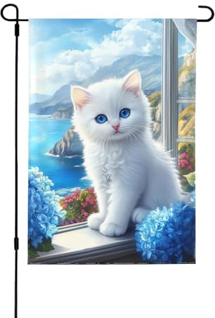 Bandera de jardín de flores de hortensias de gatito de 70 x 102 cm, doble cara decorativa para exteriores, de poliéster, resistente a la intemperie, para césped, patio, balcón, decoración del hogar