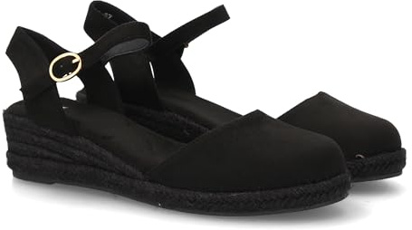 100283 Sandalia Alpargata de mujer con cuna de esparto y puntera cerrada, talon abierto con cierre de hebilla. Cuna baja con plataforma ligera ideal para uso diario en primavera verano Negro Talla 38