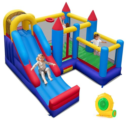 COSTWAY Château Gonflable avec Toboggan et Souffleur 680W, Aire de Jeux Gonflable avec Maison de Saut et Panier de Basket, Mur d'escalade, Intérieur Extérieur jusqu'à 2 Enfants de 3-12 Ans