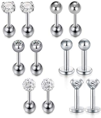 VFUN 6 Paare 16G Chirurgenstahl Helix Ohr Piercing Stecker für Damen Herren Barbell Stud Ohrringe CZ Cartilage Tragus Ohr Ohr Piercing - Silber