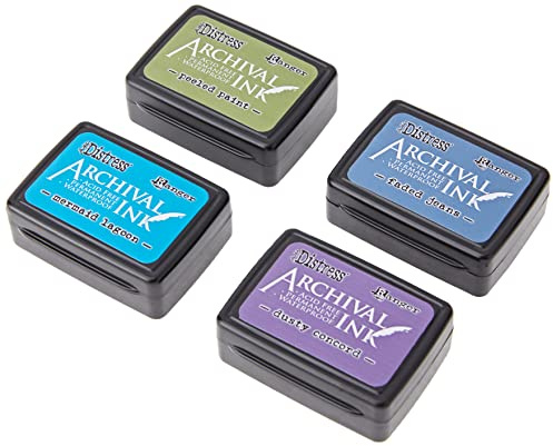 Ranger RGRAITK.64862 AITK64862 Distress Archival Mini Ink Kit 2 – geschälte Farbe/Mermaid Lagoon/verblasste Jeans/Dusty Concord, Kunststoff, verschieden, 4 Pads