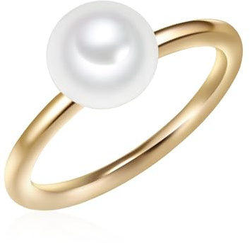 Valero Pearls Damen Perlenring aus 925/- Sterling Silber gelbvergoldet | Süßwasser-Zuchtperle,Button-Form,Perlengröße 8 mm,weiß,Silbering,Gelbgold,14 Karat,echte Perle,Ringbreite 2 mm