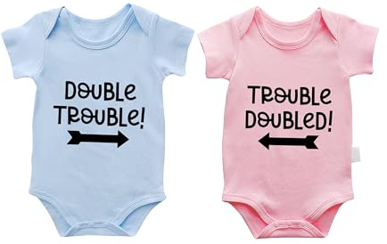 AOUYOA 2-Pack Baby Twins Bodysuits Double Trouble Newborn Cotton Short Sleeve Funny Outfits Infant Twin Unisex Romper 0-12M(pb double 3m)