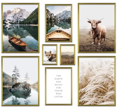 ARTFAVES® Poster Set - BEAUTIFUL EARTH | Wanddeko Wohnzimmer & Schlafzimmer | 8 moderne Wandbilder | Bilder natur, Berge, See, Landschaft, Dolomiten, Boot, boho, Pampasgras | ohne Bilderrahmen