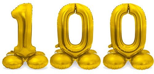 Stehende XXL-Folienballon-Set Zahl 100 in Gold als Deko für Geburtstag, Party und Jubiläum | Höhe: 72cm mit Basis | kein Ballongas notwenig | Zahlen Ballon Dekoration Folienballons einhundert hundert