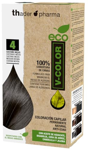 Thader Th Pharma ECO V-Color Permanent hårfärgningssats utan ammoniak 100% täckning av grått hår, 120 ml (nr 4 Medium kastanj)