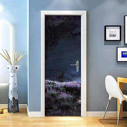 LuSeven stickers paroi de douche Noir herbe clôture arbres 95x215cm Auto-adhésif Poster Porte PVC Sticker Porte Autocollant Trompe l'œil Papier Peint pour Porte Cuisine Salon Chambre Salle de Bain WC