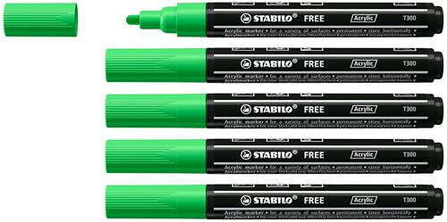 STABILO - Acrylmarker - FREE Acrylic T300 | Strichbreite 2-3 mm, 5er Pack, laubgrün