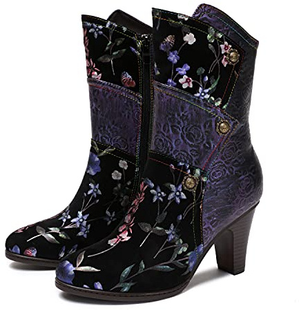 CrazycatZ Womens Leather Floral Ankle Boots, Vintage Leather Boots