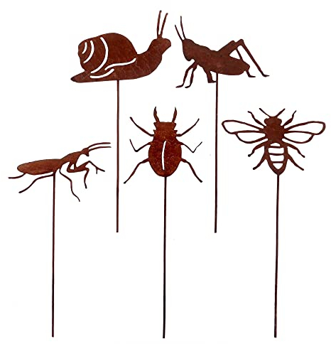 UNUS Garden Insetti da giardino, set da 5 pezzi, decorazione da giardino, effetto ruggine, spina in metallo arrugginito, decorazione per giardino, terrazza, balcone, vaso da fiori