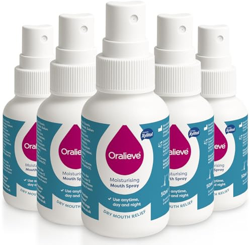 Oralieve Moisturising Dry Mouth Relief Spray (5 x 50ml) with New Pump, Hydrating Relief for Sore, Sensitive Mouths with Xylitol to Protect Teeth - Genuine Oralieve Dry Mouth Spray