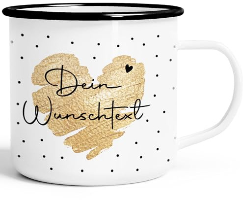 SpecialMe® Emaille-Tasse Herz Punkte Dein Wunschtext personalisierbar Becher Emaille personalisierte Geschenke Weiss-schwarz Emailletasse