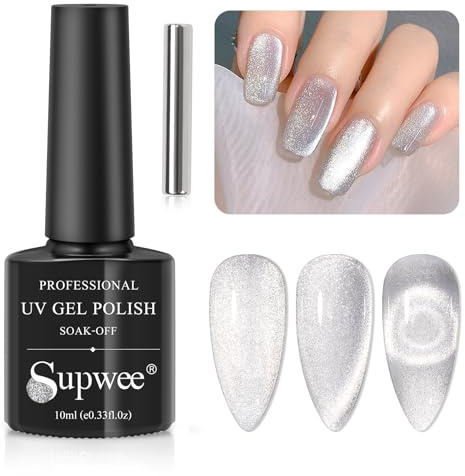 Supwee Silberner Cat Eye UV Gel Magnetic Gel Nagellack Breiter Glitzer-Magnet-Gellack Soak Off UV/LED Cat Eye Nail Polish mit Magnetstift
