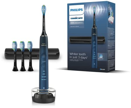 Philips Sonicare DiamondClean elektrische Zahnbürste der 9000er Serie – Schallzahnbürste, sauberere Zähne und Mundpflege mit 4x C3 Premium Plaque Defense-Bürstenköpfen, Aquamarine (Modell HX9911/89)