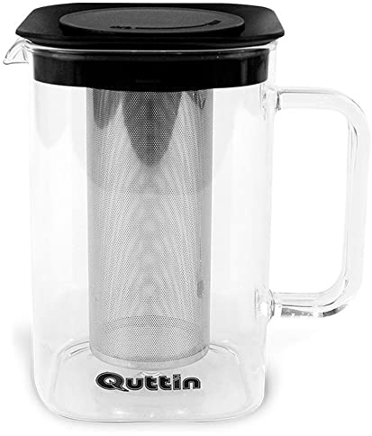 QUTTIN Tetera Cristal con Filtro. Tetera Cuadrada para Infusiones y Tes. Tetera de Cristal con Infusor. Resistente al Calor. Filtro Acero Inoxidable. Vidrio Borosilicato. 1000 ml (6 Tazas Te). Negro