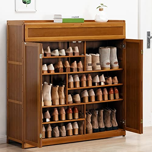 7-stöckige Schuhregal, Bambus Schuhschrank Hoch, Schmal Schuhablage mit 7 Ebenen, für 24-32 Paar Schuhe, Schuh-Organizer für Eingangsbereich Flur Diele Wohnzimmer, 117x35x115cm