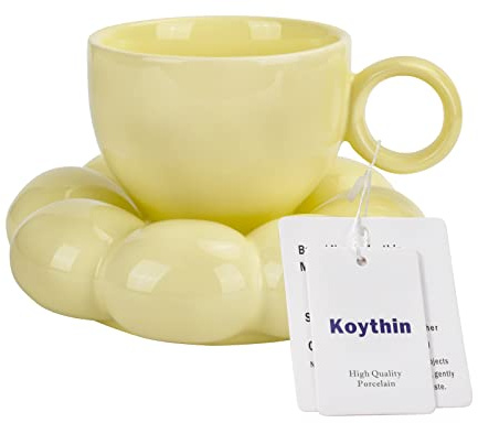 Koythin Ceramic Coffee Mug with Saucer Set, Creative Cute Cup with Sunflower Coaster for Office and Home, Dishwasher and Microwave Safe, 6.5 oz/200 ml for Tea Latte Milk (Lemon Yellow) | 200ml Tiny Floral Cup, Microwave & Dishwasher Safe; Afternoon Tea Cup, Cute Desk Decor