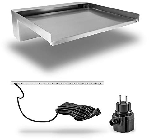 CLGarden Wasserfall Edelstahl Element 30cm breit mit weißer LED Beleuchtung für Garten Bachlauf Natursteinmauer Felsen Gabionenwand