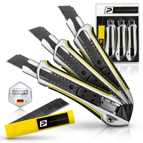 PRECISE LINES® Cuttermesser Profi [3er Set] | Heavy-Duty-Gehäuse mit versenktem Schieberegler | Teppichmesser Profi 18mm - 10 Ersatzklingen - Cutter Messer - Kartonmesser - Paketmesser - Tapetenmesser