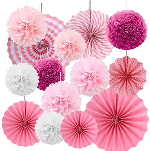 14 Piezas Pompones de Papel de Seda, Rosa Decoraciones Fiesta de Papel, Bolas de Pompones para Colgar en Papel de Flores, Abanicos Bola de Pom Poms para Fiestas, Bodas, Cumpleaños, Navidad