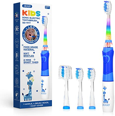 Seago Kids Electric Toothbrush, Battery Powered Toothbrushes for Childrens with Timer, Rainbow LED Light, 4 Brush Heads, Soft Bristles, Fun for Boys and Girls Aged 3 Years and Up, SG977(Blue)