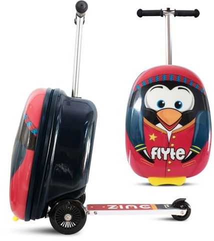 Flyte Scooter Koffer - 2-in-1, 45 cm Reisekoffer Kinder, 25 Liter Fassungsvermögen Kinderkoffer Handgepäck, Reisetasche Kinder mit Rollen, Hartschalenkoffer Kinderreisetasche - Perry der Pinguin