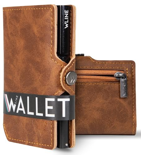 WLine Portafoglio Uomo Slim con Portamonete Rfid Compatto ed Elegante - Porta Carte di Credito Uomo e Donna Schermato in Pelle PU - Portatessere Uomo Tascabile (Marrone Chiaro Vintage con Zip)