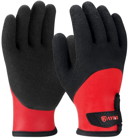 KAYGO Waterproof Thermal Work Gloves, Full Hand Latex Coated, KG140WR | Insulated Warm Liner, Ideal for Freezer Cold Weather Fishing Winter Outdoor Work (Black Red, X-Large)