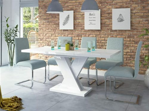 Sellon24® Esstisch Weiß Hochglanz Ausziehbar 120-170 cm, Esszimmertisch für 4-6 Personen, mit Synchronauszug - 120x76x80 cm (BxHxT) - Ausziehtisch Esszimmer Dixon