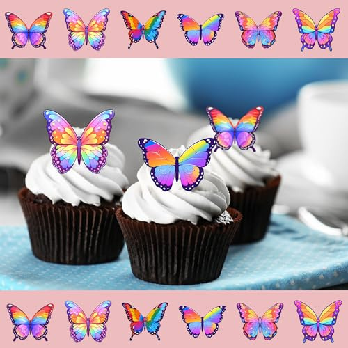 24 x Pre-Cut Beautiful Colourful Multicolour Butterflies Edible Wafer Rice Paper Cupcake Cake Dessert Toppers Birthday Pride LGBT Party Wedding Decorations Butterfly