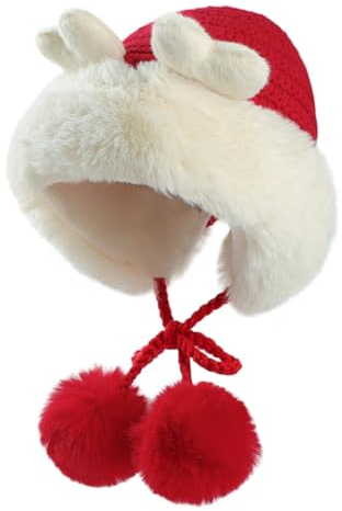 Wintermütze Kinder Mädchen Strickmütze mit Bommel Fleecefutter Fliegermütze Winddicht Trappermütze Ohrenklappen Mütze Strick Earflap Hut Cartoon Geweihform Kindermütze für Outdoor Skifahren Radfahren