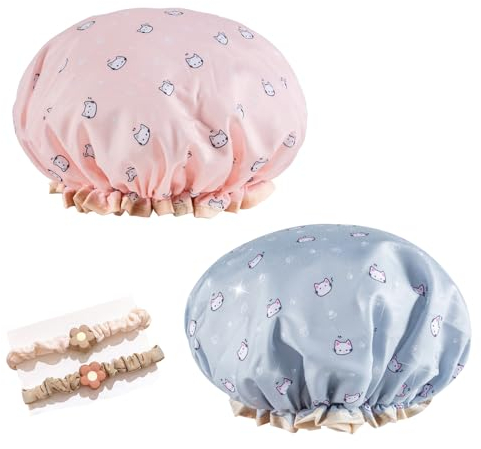 DHWEKU Gorro De Ducha EláStico De 2 Piezas, Gorro De Ducha De Doble Capa Para NiñAs, Mujeres, Gorro De Ducha Reutilizable, Apto Para Ducha, Spa, Balneario,con 2 cintas para el cabello(azul, rosa)