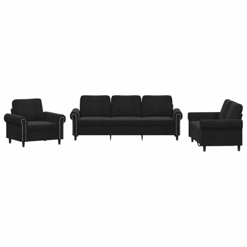 vidaXL Sofagarnitur 3-TLG., Sessel Couch mit Kissen, Sofa Wohnzimmersofa mit Armlehnen, Couchgarnitur Designsofa Sitzmöbel Polstermöbel, Schwarz Samt