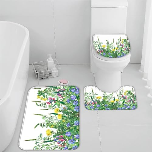 RLYXGS Blumen Pflanzen Badematten Set 3 Teilig Natürlich Grün rutschfest Saugfähige Badezimmerteppich Memory Foam Badvorleger 40x60cm Waschbar U-förmiger Kontur Teppich und WC-Deckel für Badewanne