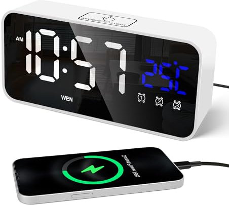 Lafocuse LED Digitaler Wecker mit Temperaturanzeige und Datum, Tischuhr mit 25 Musik, 2 USB-Ladeanschlüssen, 3 Alarmen und Wochentag, Digitaluhr Snooze, Helligkeit und Lautstärke Regelbar, Weiß