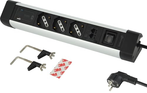 Electraline 61923 Multipresa Scrivania 3 Posti Polivalenti P40, Schuko + 10/16 A, Con USB A 3.0A e USB C PD20W Power Delivery, 2 RJ45, Cavo H05VV-F 3G1.5 2M