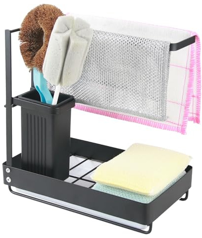 JASKFG Stainless Steel Kitchen Sink Organiser with Towel Holder, Drain Pan, Utensil Holder, Sponge Holder, Brush Holder(Black)