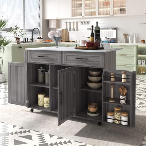 PUGSDRLY Carrello da cucina con rotelle, credenza mobile da cucina con piano da tavolo pieghevole, 2 cassetti e 3 porte, rotelle o gambe in legno massello, design della porta del frigorifero (grigio-B
