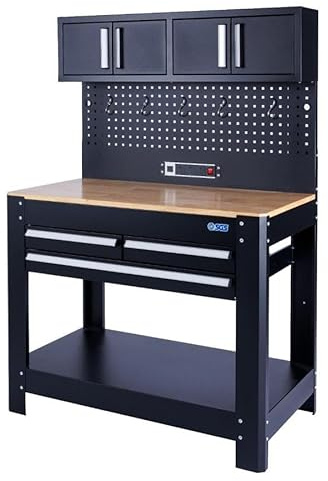 SGS Garage Workbench with Pegboard Wall Cabinets and Sockets