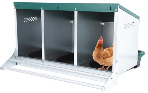 Chicken Nesting Box, 3 Holes Chicken Coop Laying House Iron Laying Boxes for Hens Reverse Roll out Design Cozy Nesting Cage Box with Lid Cover Accessories to Protect Egg and Collection
