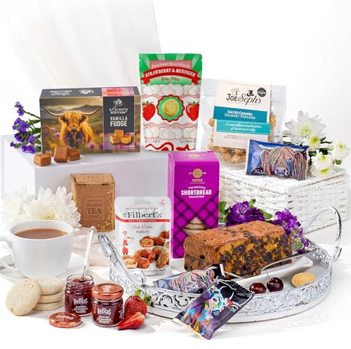 Hattie’s Gifts Gourmet Food Afternoon Tea Hamper | Food Gift Box: Genoa Cake, Fudge, Shortbread, English Tea, Jams, Nuts, Popcorn – Gift for Family & Friends