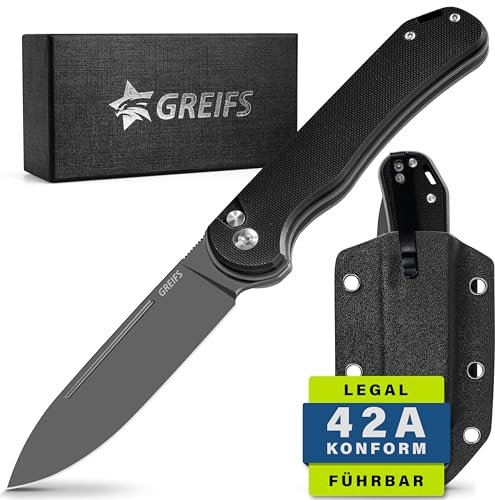 GREIFS® Klappmesser Paxos (Zweihandmesser) aus D2 Stahl mit Buttonlock und Kydexscheide, EDC Messer Outdoor Messer & Survival Taschenmesser, Überlebensmesser, Jagdmesser (TitanBlack)
