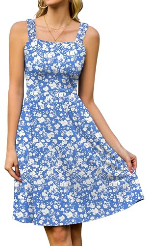 StylSense Dresses for Women Knielang Ärmelloses Blumenkleid mit Quadrat-Ausschnitt Casual Strandkleid mit Taschen für Strand Urlaub (Blau,2XL)