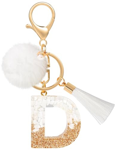 MWOOT Schlüsselanhänger Buchstabe D Bommel Quasten, Cute White Gold Keyring mit Namen, Schön Frau Personalisiert Keychain Auto Schlüsselanhänger, Tasche Dekoration Anhänger Schulanfang Geburtstag
